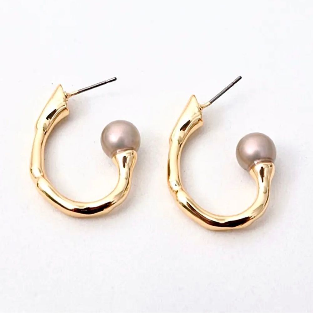 ALEXIS BITTAR Pearl Capped Twisted Gold Open Hoop Post Earrings - MSRP $195 - Picture 12 of 14